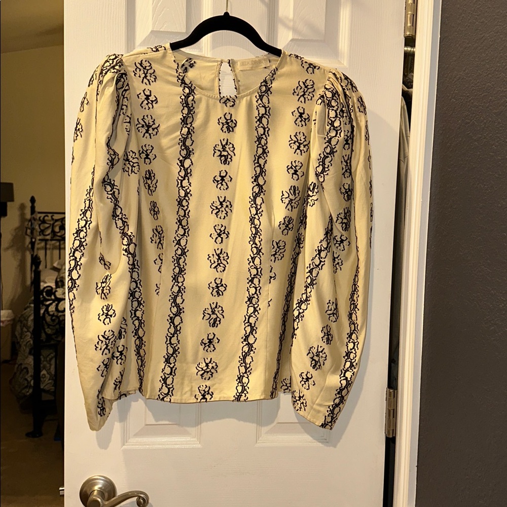Ulla Johnson Layla Blouse Cream & Black Floral Long‎ Puff Sleeve Silk Top Sz 12